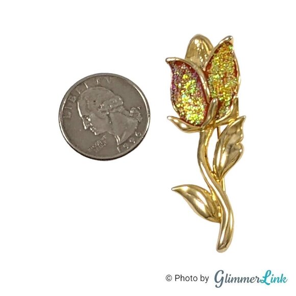 Vintage Glitter Enamel Tulip Flower Gold Tone Brooch - Picture 4 of 6